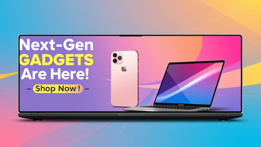 {"prompt":"A panoramic banner covering the entire laptop screen width, featuring bold, vibrant colors to grab attention. On the left side, prominently display the phrase "? Next-Gen Gadgets Are Here - Shop Now!" in modern, sleek typography, utilizing a combination of clean sans-serif fonts with subtle gradients to make the text stand out. Adjacent to the text, illustrate a detailed, realistic iPhone with a minimalist design, emphasizing a recognizable logo on its back, and a sophisticated, high-end laptop with a slim profile and illuminated keyboard, positioned side by side. The background should be dynamic, perhaps with a subtle gradient or futuristic geometric patterns, conveying innovation and excitement, all while maintaining a cohesive visual flow that directs focus toward the message and the featured devices.nnCreate a paranomic banner that fits on entire laptop screen on the left side designed with written words, '? Next-Gen Gadgets Are Here - Shop Now!' and on the far left draw an iPhone with single logo and a Laptop.","originalPrompt":"Create a paranomic banner that fits on entire laptop screen on the left side designed with written words, '? Next-Gen Gadgets Are Here - Shop Now!' and on the far left draw an iPhone with single logo and a Laptop.","width":1024,"height":576,"seed":42,"model":"flux","enhance":false,"nologo":true,"negative_prompt":"undefined","nofeed":false,"safe":false,"quality":"medium","image":[],"transparent":false,"isMature":false,"isChild":false}