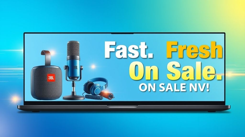 {"prompt":"A wide panoramic banner covering the entire laptop screen width, with the left side featuring a sleek, minimalist illustration of a podcast toolkit, including a set of professional microphones, audio mixers, and headphones, all rendered with clean lines and modern shading. Next to the tools, display a single, unified logo symbolizing audio excellence. To the far left, include a detailed JBL Bluetooth speaker, emphasizing its distinctive shape and branding, with subtle highlights to suggest a glossy finish. The background should be vibrant and energetic, using gradients of bright blues and glowing accents that evoke a sense of speed and freshness. Overlay bold, modern typography in white and yellow that reads "? Fast. Fresh. On Sale Now!" with dynamic placement to draw attention and convey urgency. Incorporate subtle visual elements like light flares and motion lines to enhance the feeling of speed and modern technology, creating an engaging and professional banner suitable for digital promotion.nnCreate a paranomic banner that fits on entire laptop screen on the left side designed with written words, '? Fast. Fresh. On Sale Now!' and on the far left draw a podcast tools set with single logo and JBL BT speaker.","originalPrompt":"Create a paranomic banner that fits on entire laptop screen on the left side designed with written words, '? Fast. Fresh. On Sale Now!' and on the far left draw a podcast tools set with single logo and JBL BT speaker.","width":1024,"height":576,"seed":42,"model":"flux","enhance":false,"nologo":true,"negative_prompt":"undefined","nofeed":false,"safe":false,"quality":"medium","image":[],"transparent":false,"isMature":false,"isChild":false}