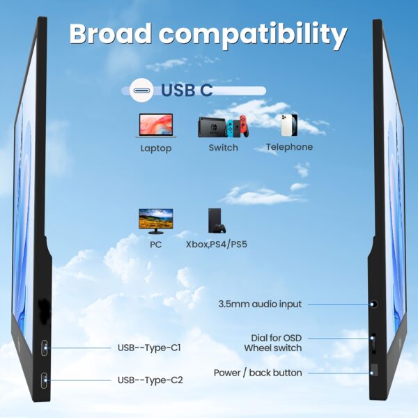 Iproda 15.6" Portable Monitor (1080P FHD IPS, Smart Case, Black) - Image 5