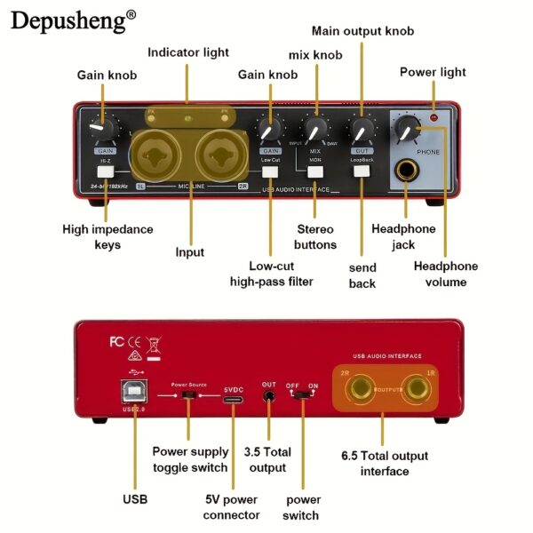 Depusheng Professional Audio Interface Sound Card, 24Bit/192kHz, XLR - Image 7