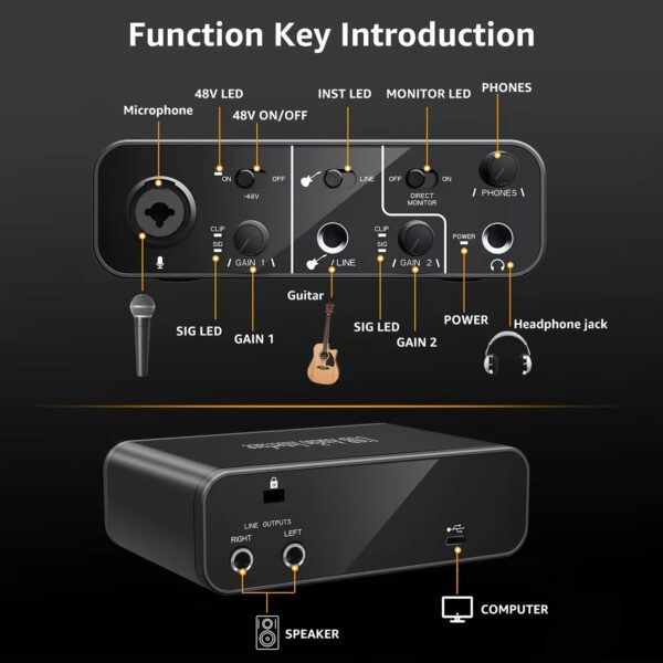 USB Audio Interface Mic Preamps With USB C Cable Adapter 48V Phantom Power 24 Bit - Image 3